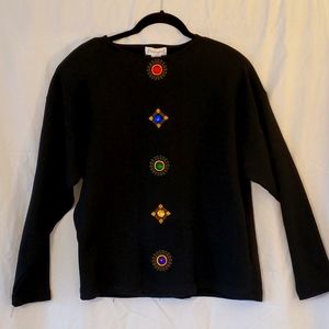 Black long sleeve top bejeweled faux buttons Eminent size L polyester/cotton